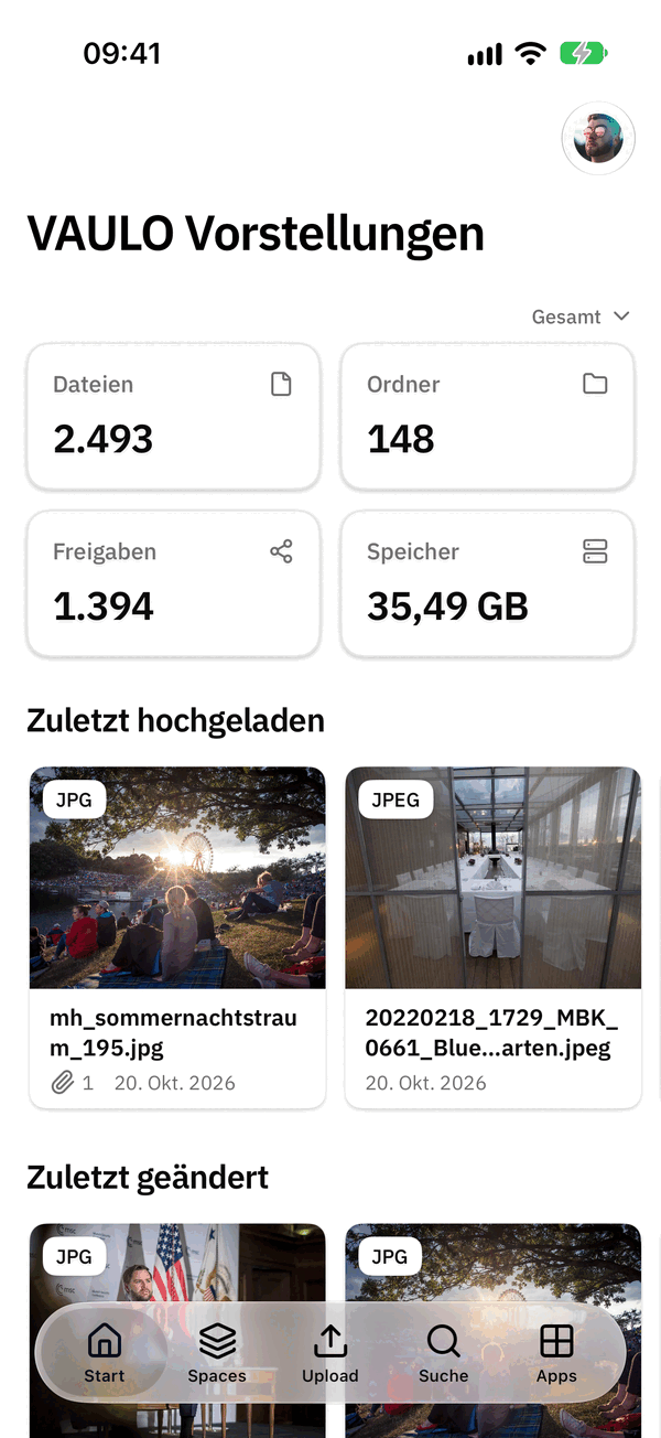 Startseite der VAULO App mit Kennzahlen und zuletzt hochgeladenen Dateien