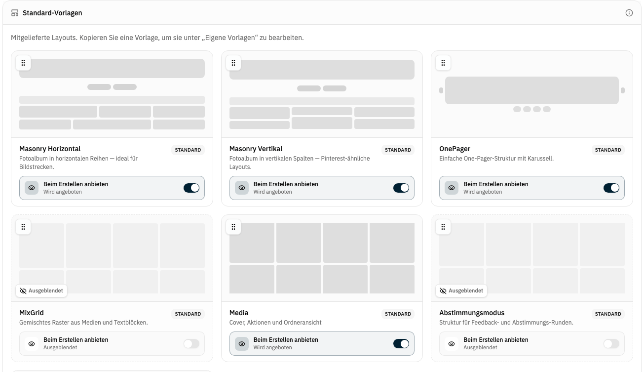 Standard-Vorlagen mit dem Schalter „Beim Erstellen anbieten“; MixGrid und Abstimmungsmodus sind ausgeblendet