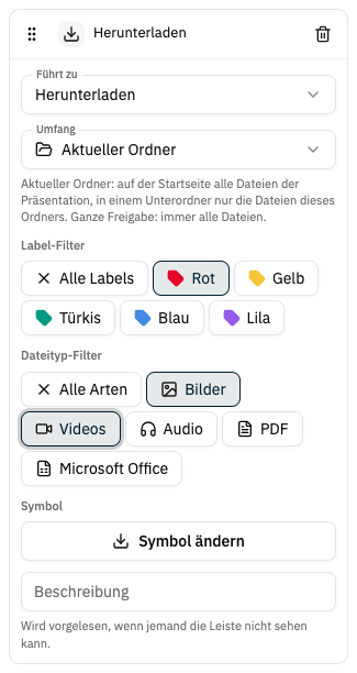Aufgeklappte Aktion Herunterladen in der Seitenleiste: Umfang Aktueller Ordner, Label-Filter Rot und Dateityp-Filter Bilder ausgewählt