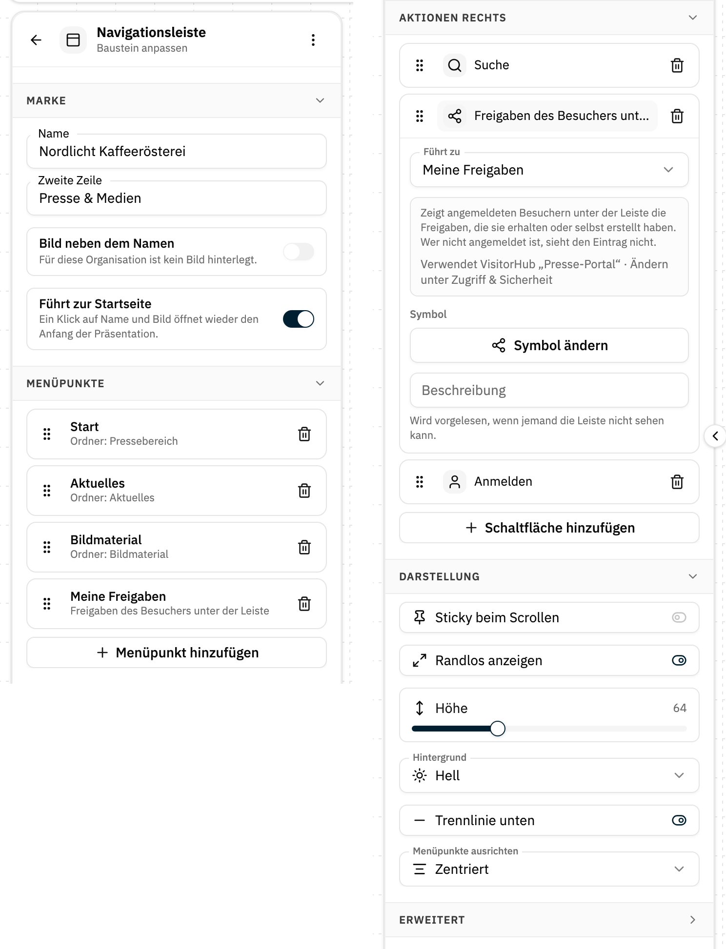 Seitenleiste des Bausteins Navigationsleiste, in zwei Hälften nebeneinander: links Marke und Menüpunkte mit dem Eintrag Meine Freigaben, rechts Aktionen rechts mit aufgeklappter Aktion Meine Freigaben und Darstellung