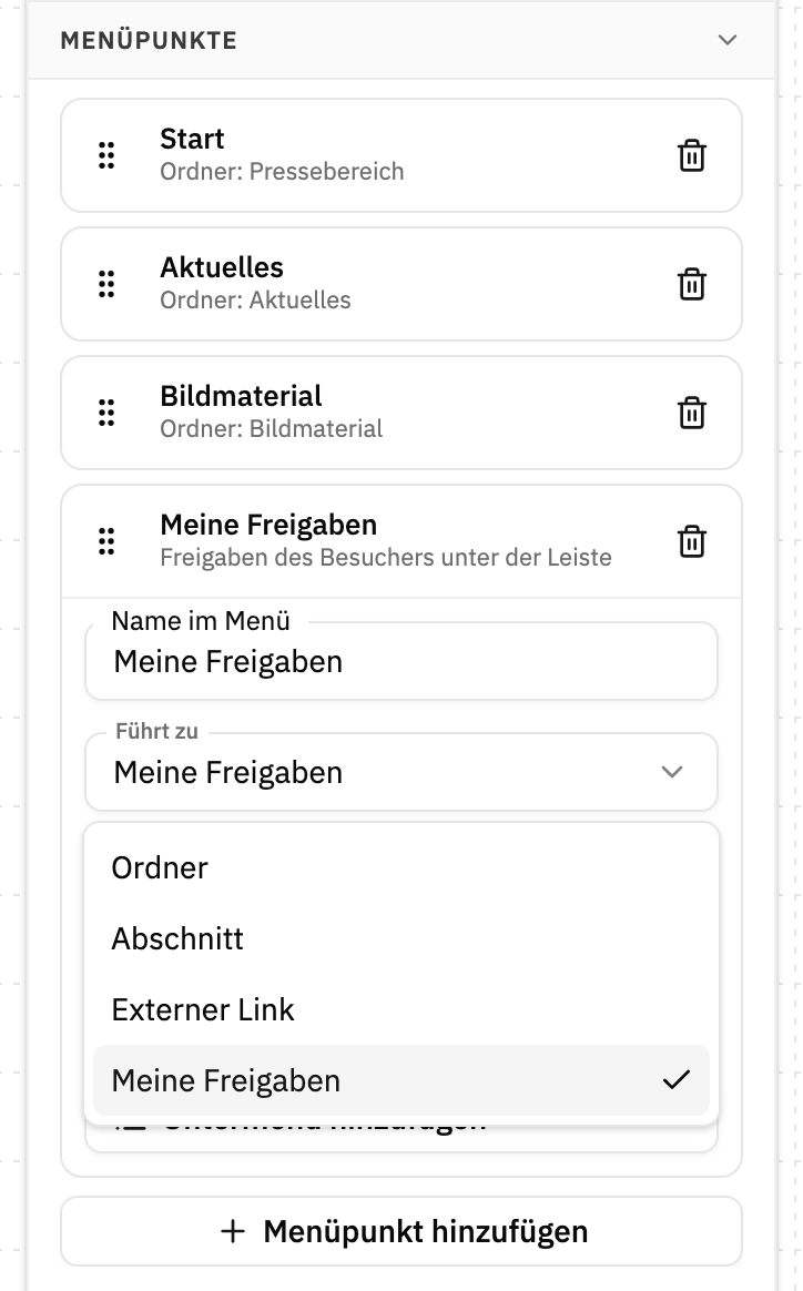 Aufgeklappter Menüpunkt Meine Freigaben mit geöffneter Auswahl „Führt zu“: Ordner, Abschnitt, Externer Link und Meine Freigaben