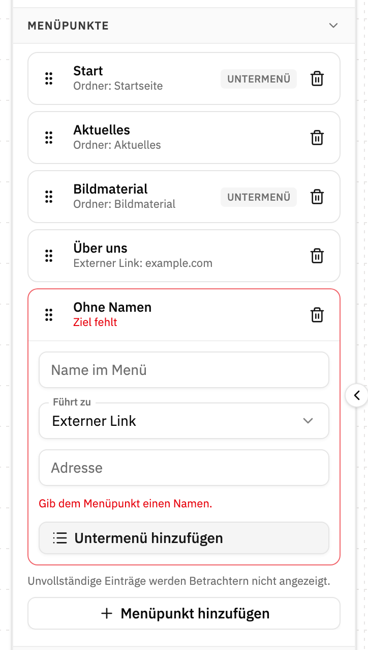 Menüpunkt ohne Namen und ohne Ziel, rot markiert, mit dem Hinweis dass unvollständige Einträge Betrachtern nicht angezeigt werden