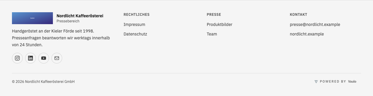 Veröffentlichte Fußzeile mit Marke, kurzem Text und Symbolen links, drei Link-Spalten Rechtliches, Presse und Kontakt und darunter Copyright und Powered by VAULO