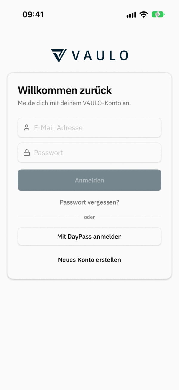 Anmeldebildschirm der VAULO App