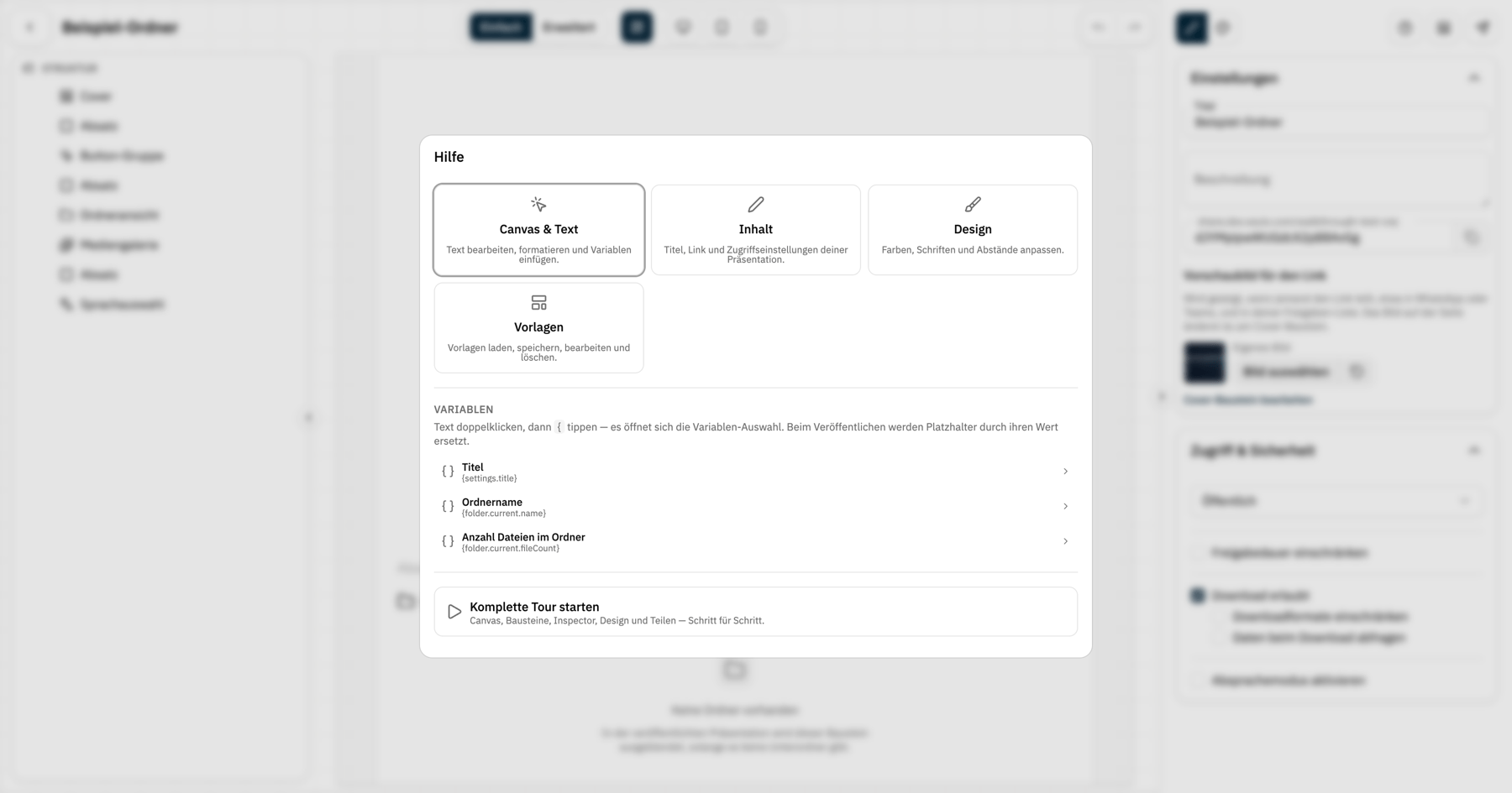 Hilfe-Dialog im Presentation Studio mit Canvas, Inhalt, Design und Vorlagen