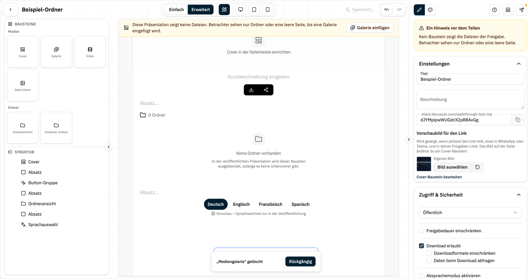 Hinweis für eine Präsentation ohne Galerie mit dem Button Galerie einfügen