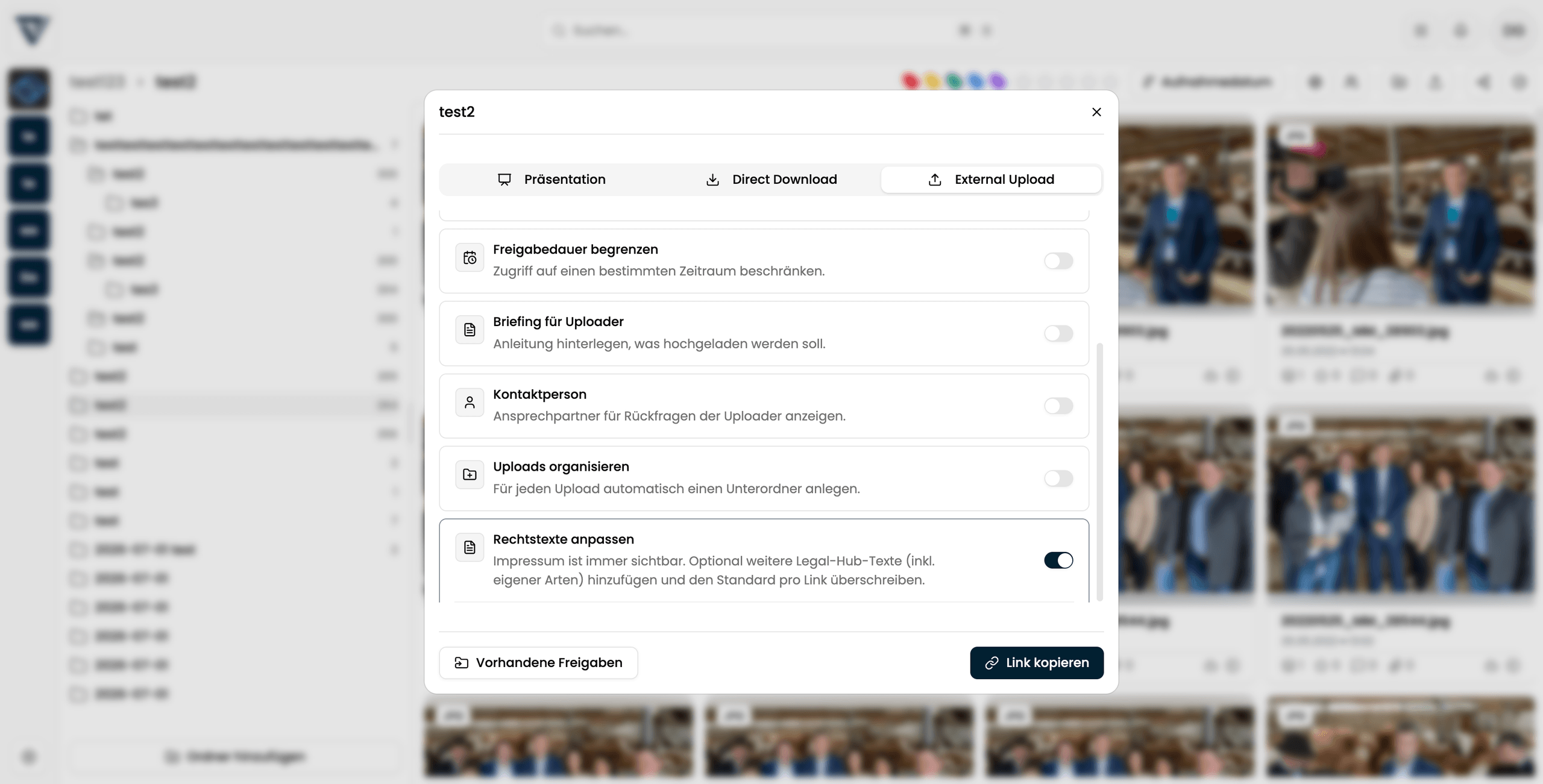 Rechtstexte beim externen Upload