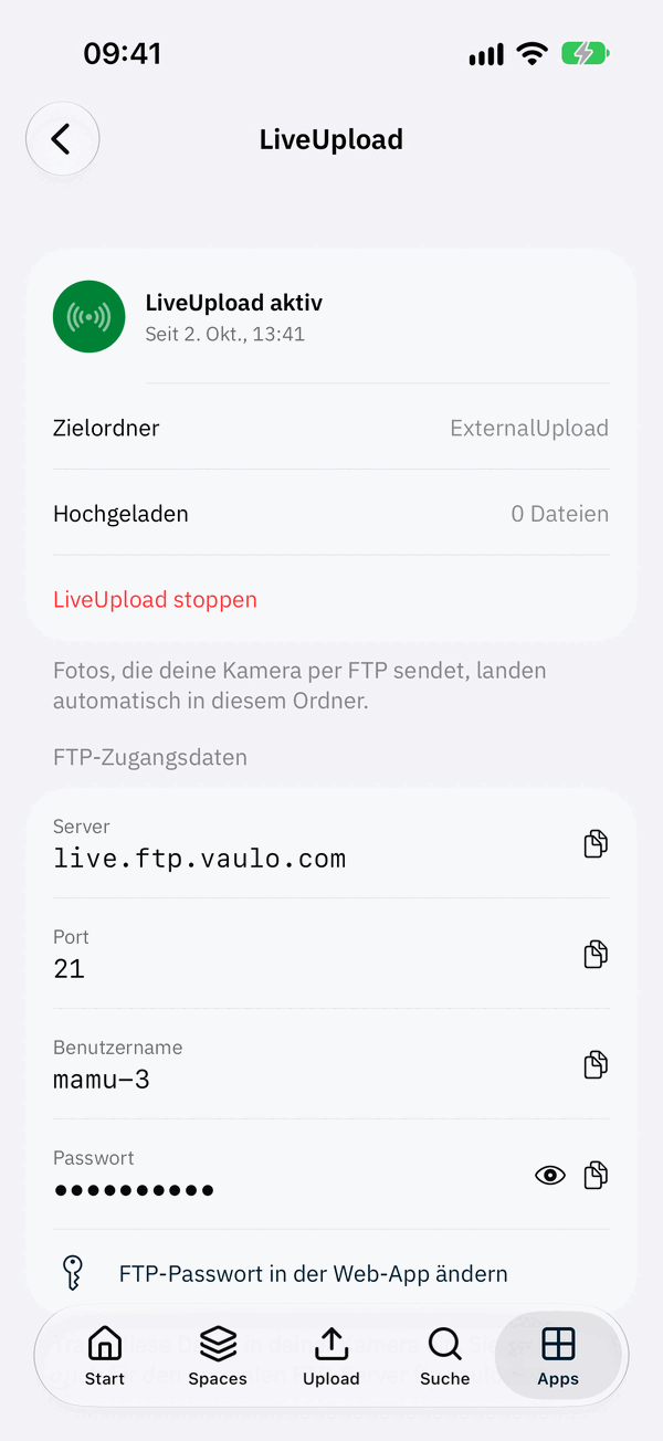 LiveUpload in der VAULO App