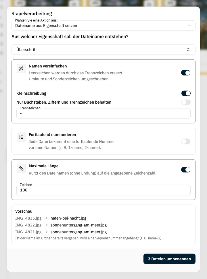 Stapelverarbeitung: Dateiname aus Eigenschaft setzen