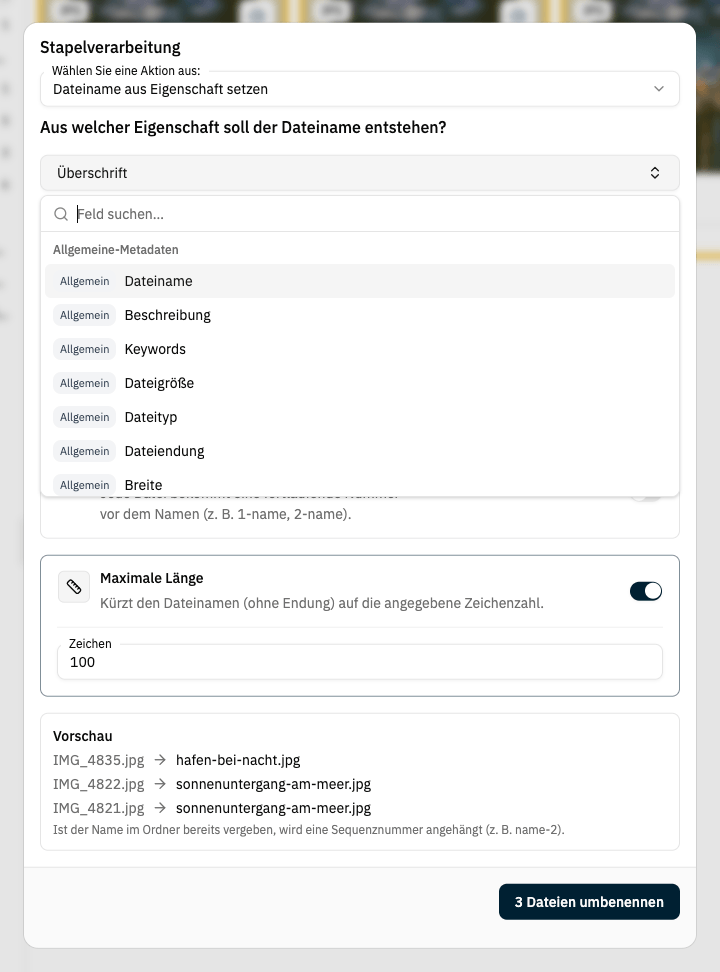 Eigenschaft für den Dateinamen auswählen